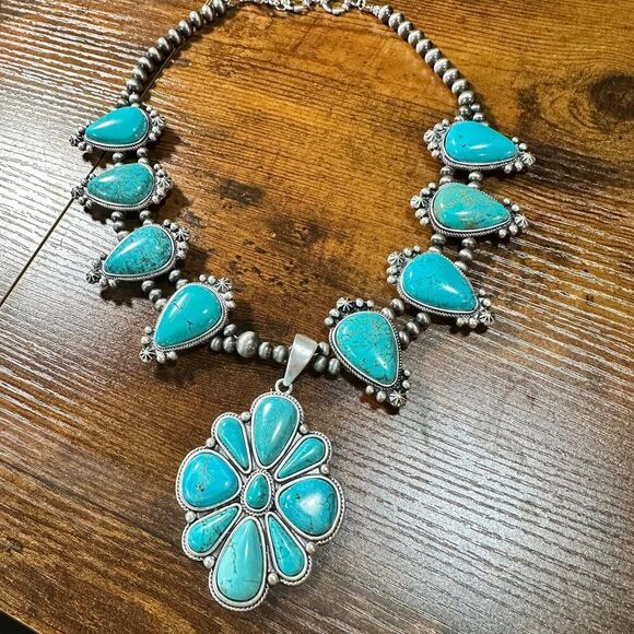 Squash Blossom Turquoise Necklace, Southwestern Cowgirl Necklace, Ships in Gift - Picture 5 of 9